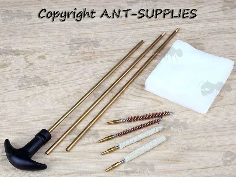 AnTac Three Piece Brass Airgun Barrel Black Plastic T-Shaped Handle Cleaning Rod with Two .177 and .22 Calibre Bronze Brushes and Mops, and Pack of Cloths