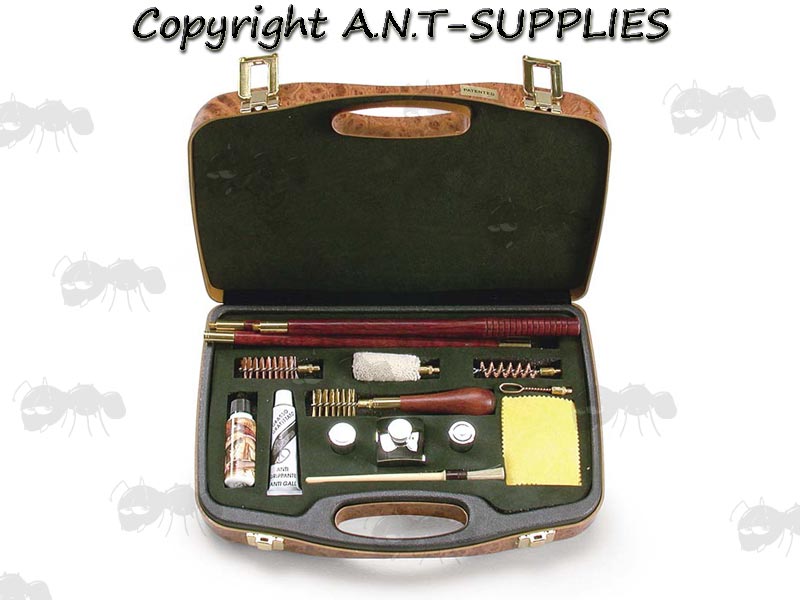 Deluxe Shotgun Maintenance Kit In A Rosewood Case, Cleaning Rods, Oil Bottle, Snap Caps, Oils, Swabs and More