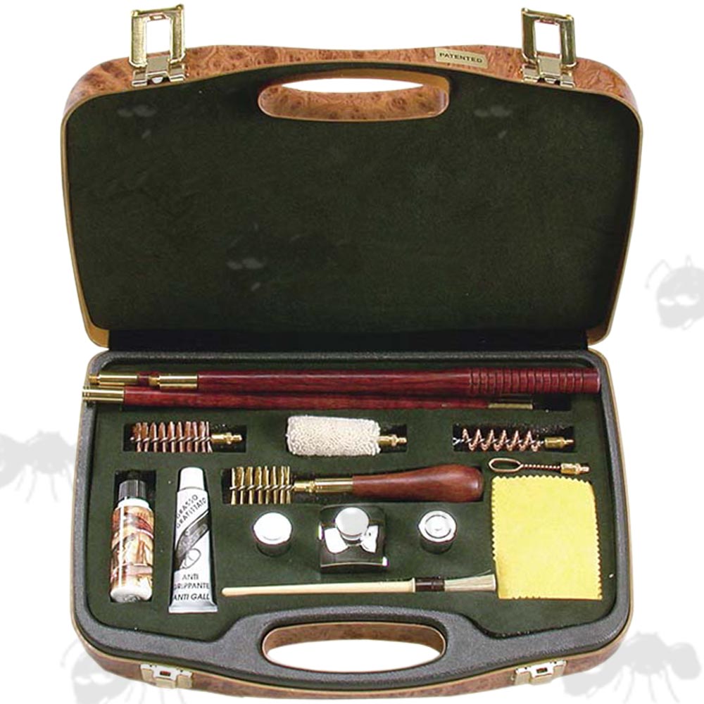 Deluxe Shotgun Maintenance Kit In A Rosewood Case, Cleaning Rods, Oil Bottle, Snap Caps, Oils, Swabs and More