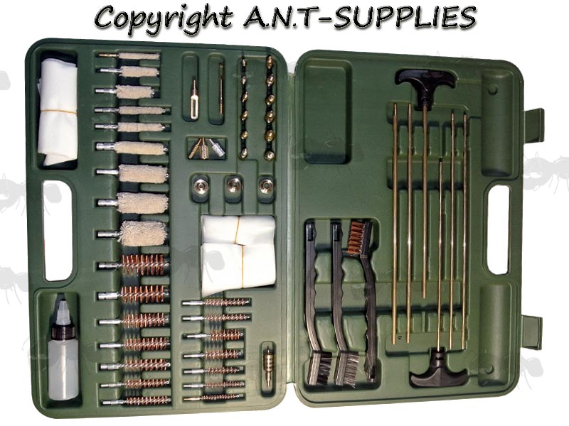 Open View of The Universal Gun Barrel Cleaning Kit With Brass Fittings in a Green Plastic Storage Box