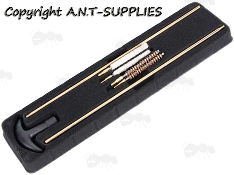 Two Piece Brass .17 - .177 / 4.5mm Caliber Rifle Barrel Cleaning Rod with Curved Black Plastic T-Handle and Bronze Bristle Brushes and White Cotton Mops in Black Plastic Tray