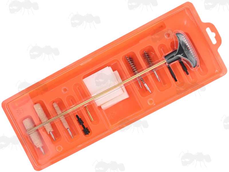 Rotating Black Plastic Handle One Piece Brass Pistol Barrel Cleaning Rod with Selection of Swabs and Fittings in Orange Display Packaging