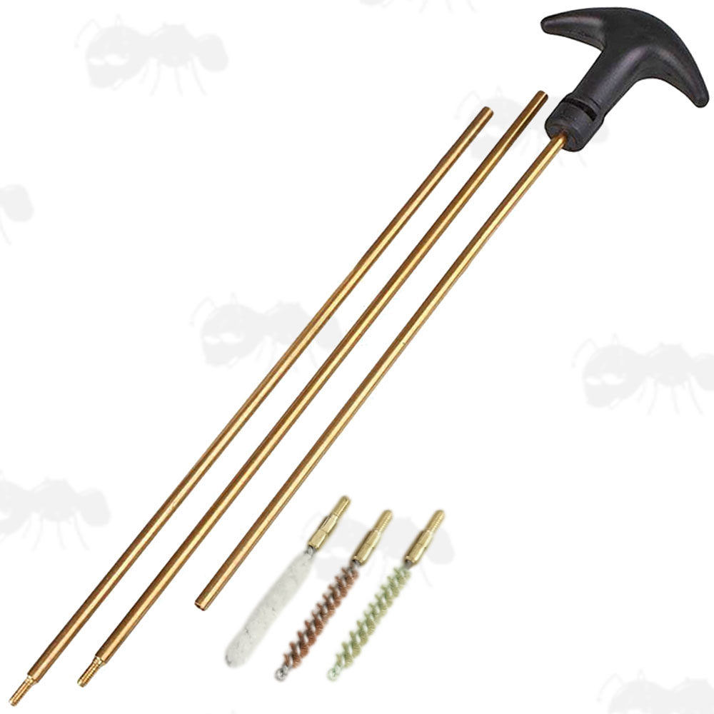 Three Piece Brass .17 - .177 / 4.5mm Caliber Rifle Barrel Cleaning Rod with Curved Black Plastic T-Handle and Nylon Brush, Bronze Bristle Brush and White Cotton Mop