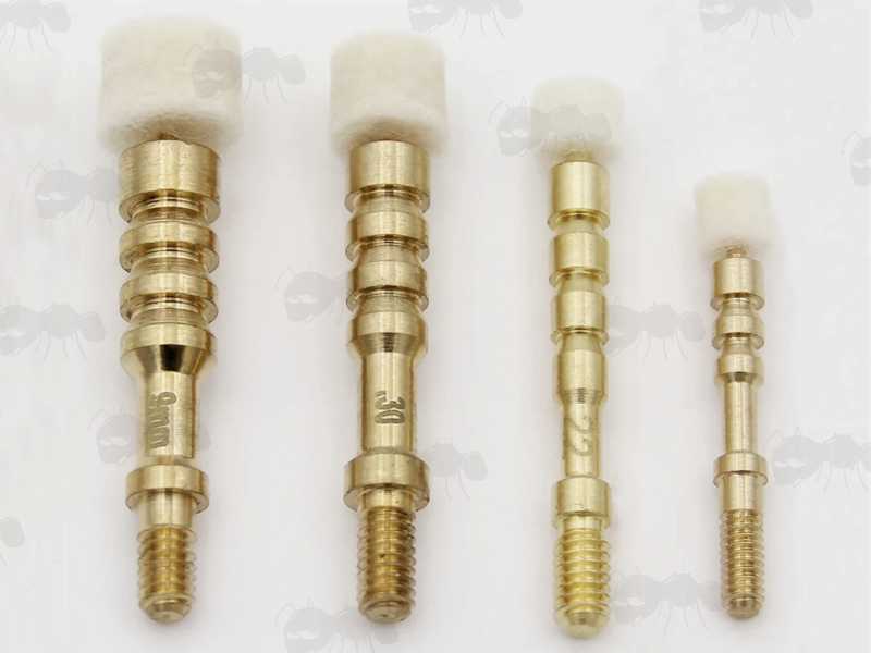 Barrel Cleaning Felt Pellets, Shown Fitted to a 9mm, .30, .22, .17 Calibre Brass Spear Point Jags
