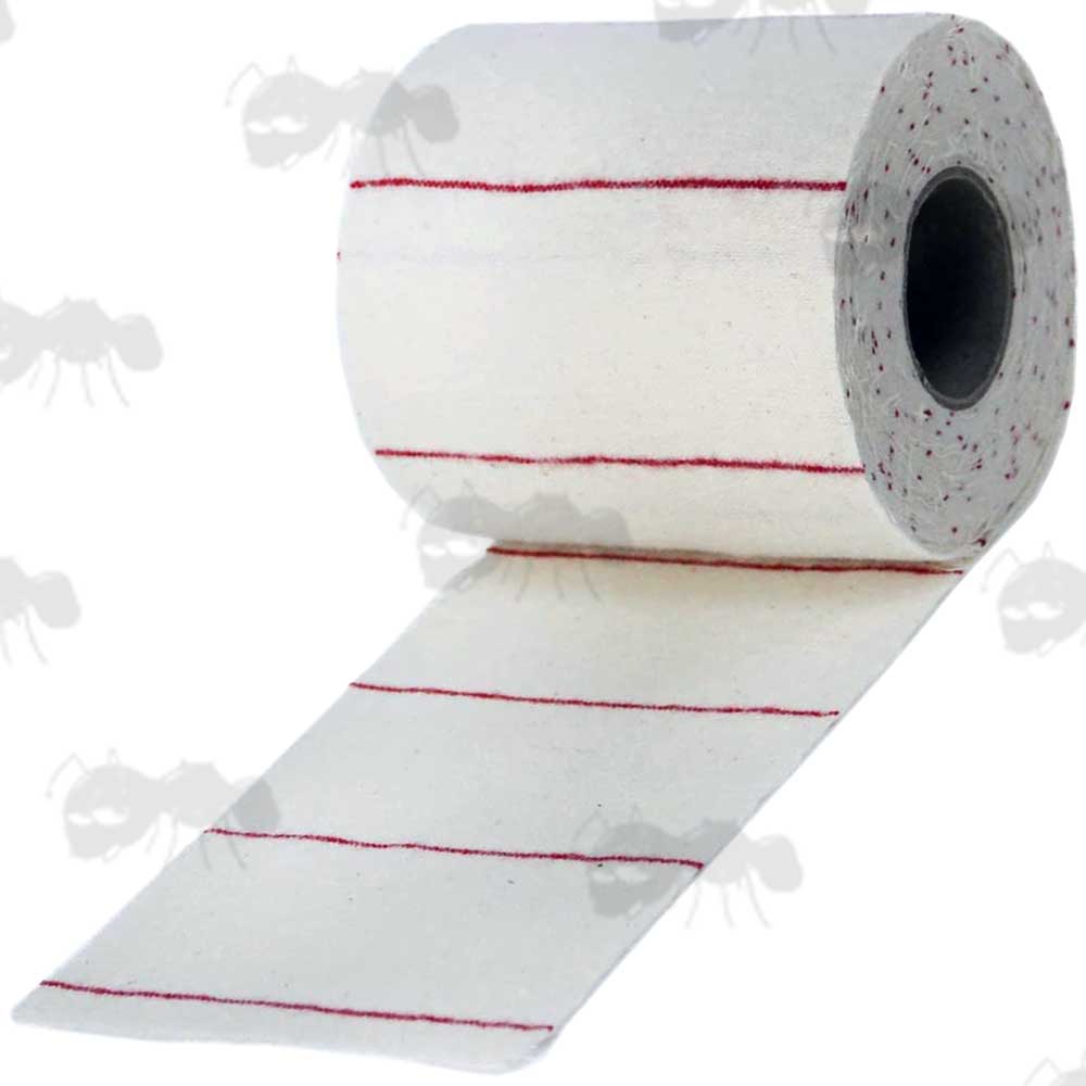 Seven Yards of White Fabric Roll of 4x2 Gun Barrel Cleaning Patches with Red Cutting Lines at Every 2 Inches