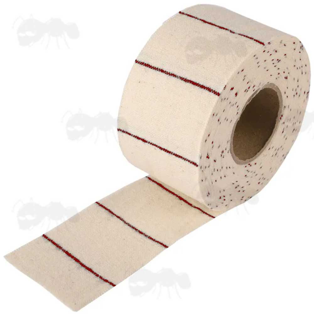 Seven Yards of White Fabric Roll of 2x2 Gun Barrel Cleaning Patches with Red Cutting Lines at Every 2 Inches