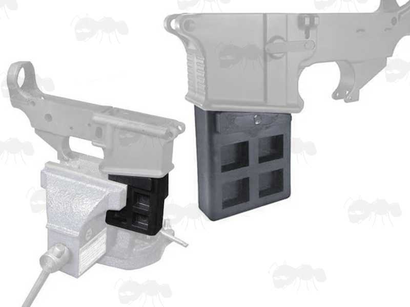 AR / M16 Black Polymer Lower Receiver Vise Block, Shown in Use