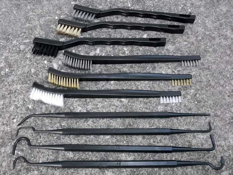 Set of Gun Cleaning Brushes with Nylon, Bronze and Stainless Steel Bristle Heads and Four Polymer Picks