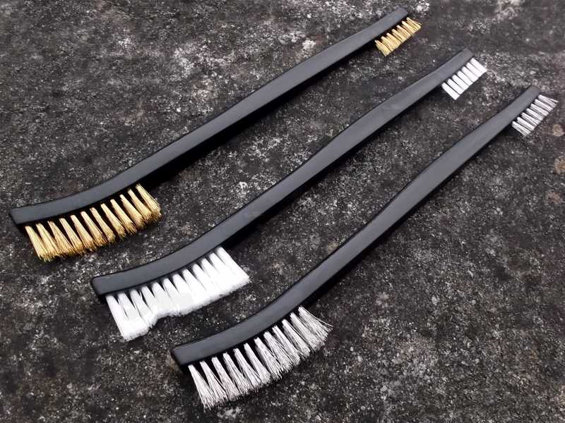 Three Straight Black Handle Gun Cleaning Brushes with Bronze, Stainless Steel and White Nylon Bristles
