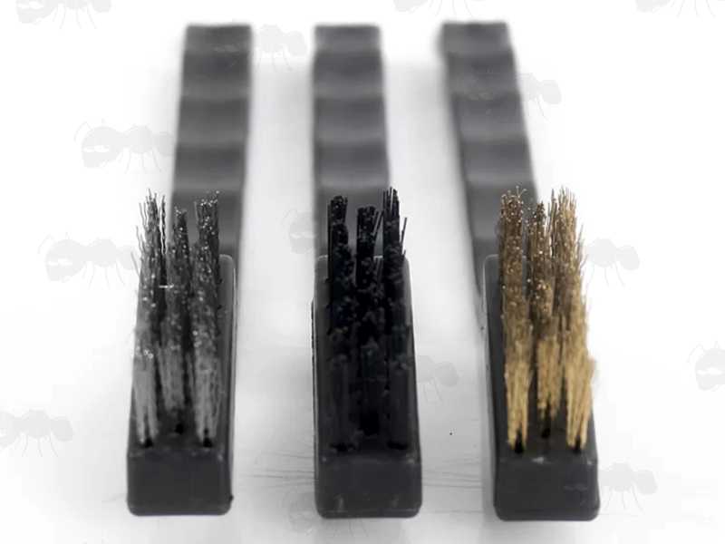 Three Gun Cleaning Brushes with Close Up View of The Angled Bristle Heads