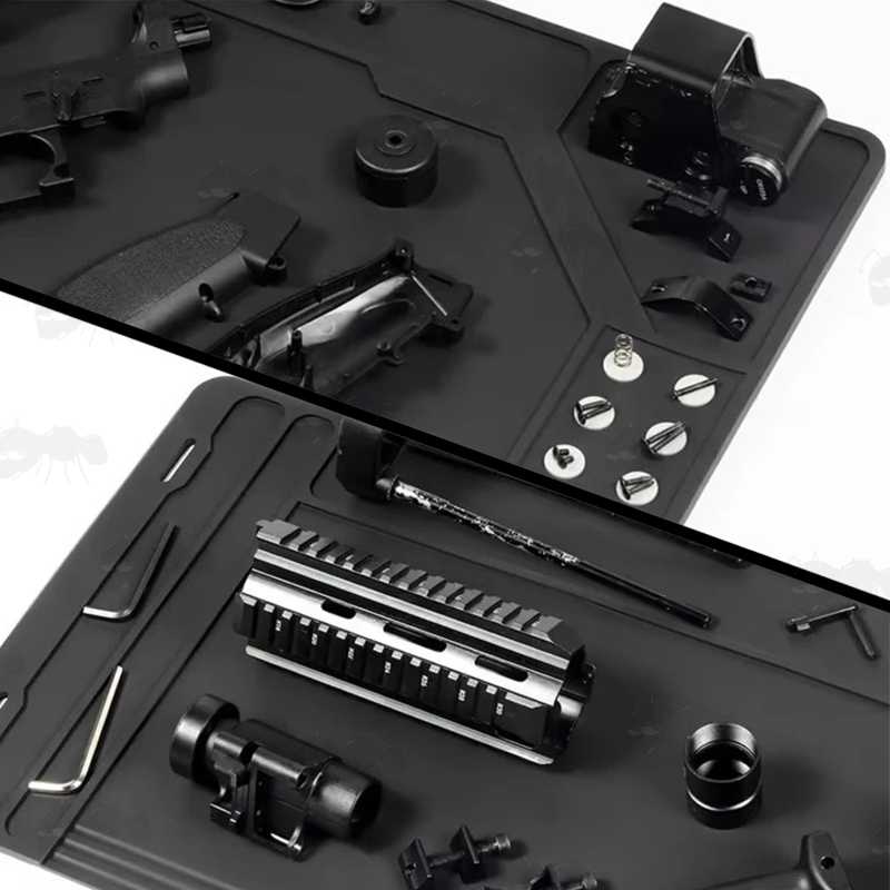 Black Coloured Rubber Rifle / Shotgun Sized Cleaning / Maintenance Mat with Moulded Compartments for Parts and Magnetic Section, Shown in Use with with Rifle Parts