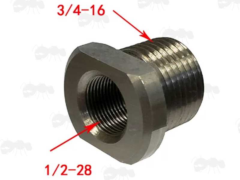 Stainless Steel 1/2x28 TPI To 3/4x16 TPI Threaded Muzzle Adapter