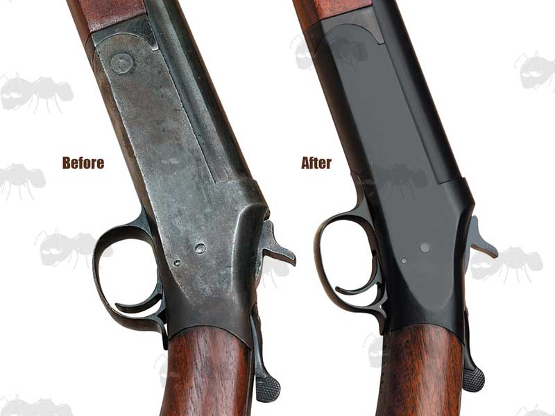 Before and After View Of a Rifle with Birchwood Casey Perma Gun Blue Finish