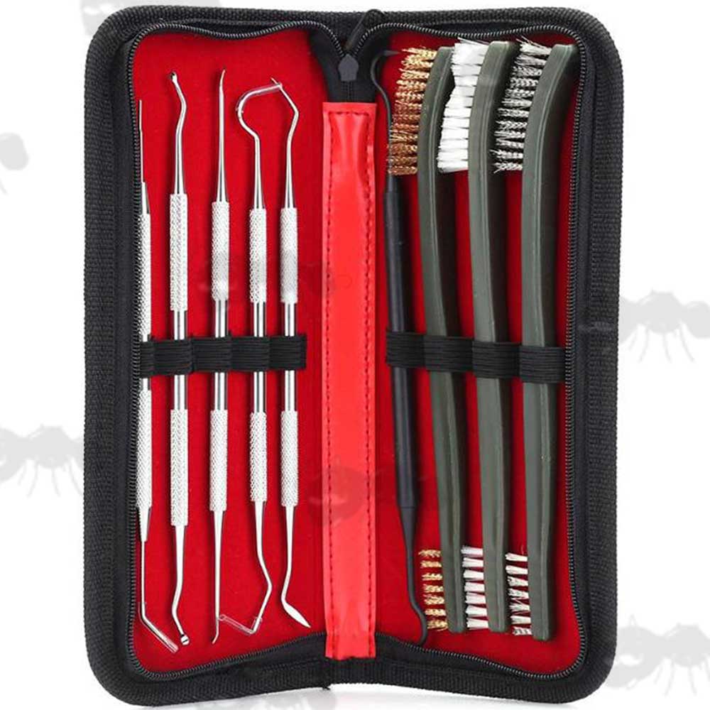 Three Double Ended Utility Brushes, One Polymer Pick and Five Stainless Steel Picks In Zipped Storage Wallet Case