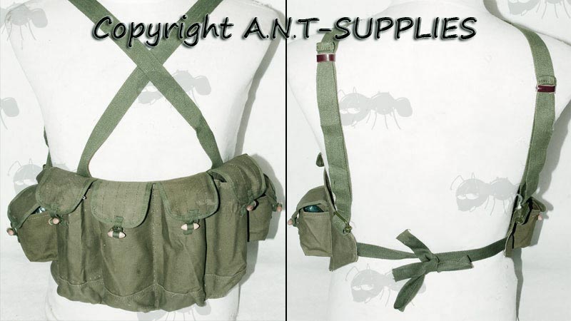 Front and Back View of the Green Canvas Vietnam Era 6 Cell AK Rifle Ammo Chest Rig