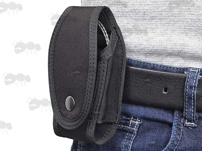 Black Canvas Belt Fitting Handcuff Pouch With Press Stud Fastener Flap Fitted To Trouser Belt