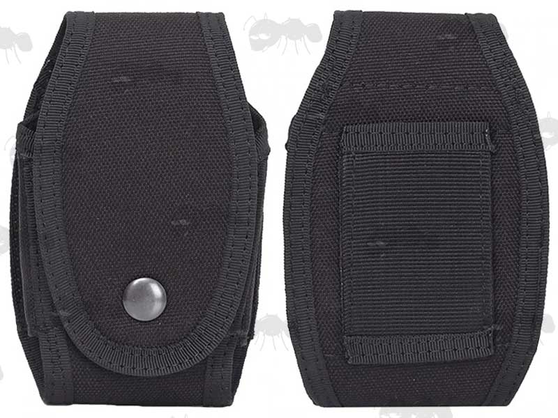 Front and Rear View of The Black Canvas Belt Fitting Handcuff Pouch With Press Stud Fastener Flap