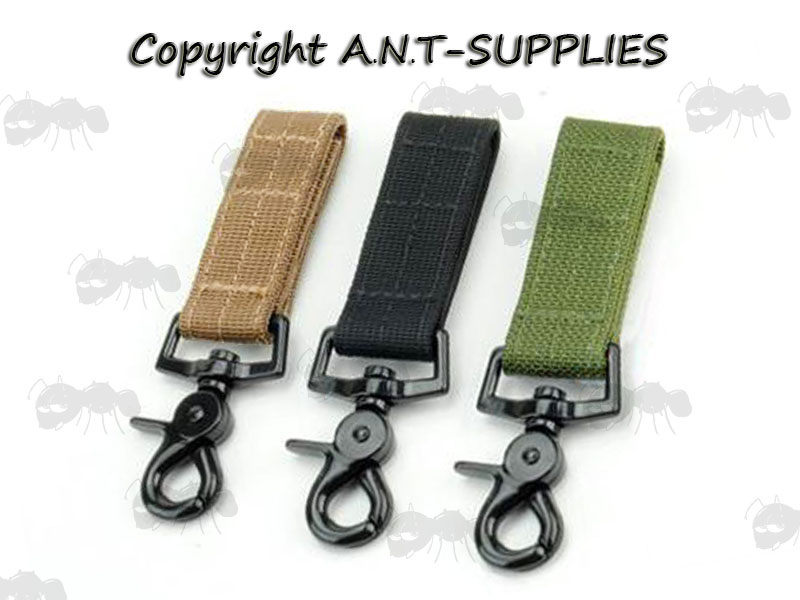 Black, Green and Tan Coloured Webbing Strap with Round Metal Accessory Clips