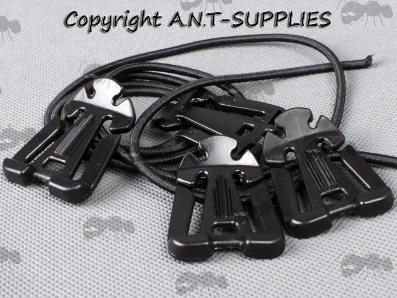 Four Pack of Black Webbing Dominator Buckles with Elastic Cords