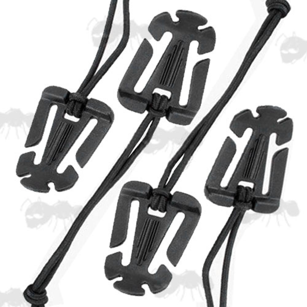 Four Pack of Black Webbing Dominator Buckles with Elastic Cords