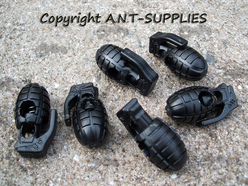 Six Black Grenade Shaped Cord Locks