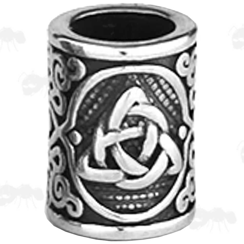 Silver Coloured Cylindrical Metal Bead with Celtic Trinity Knotwork Design with Shields