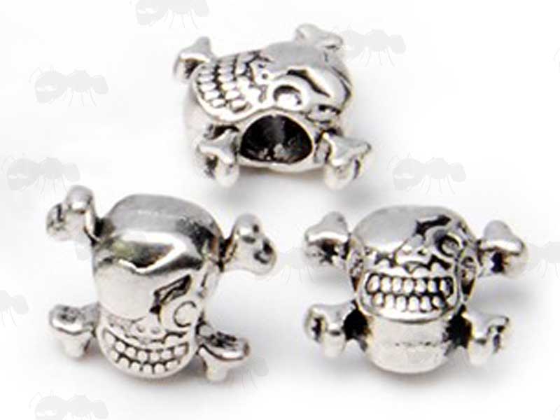Three Silver Pirate Skull and Crossbones Paracord Fitting Beads With Horizontal Holes