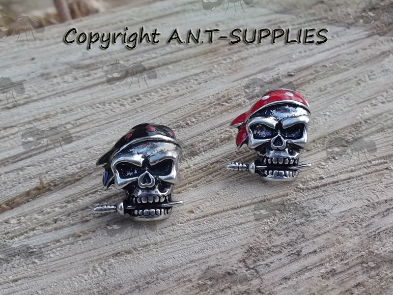 Pair of Silver Pirate Skull Paracord Fitting Bead with Red and Black Headbands and Knife in Teeth