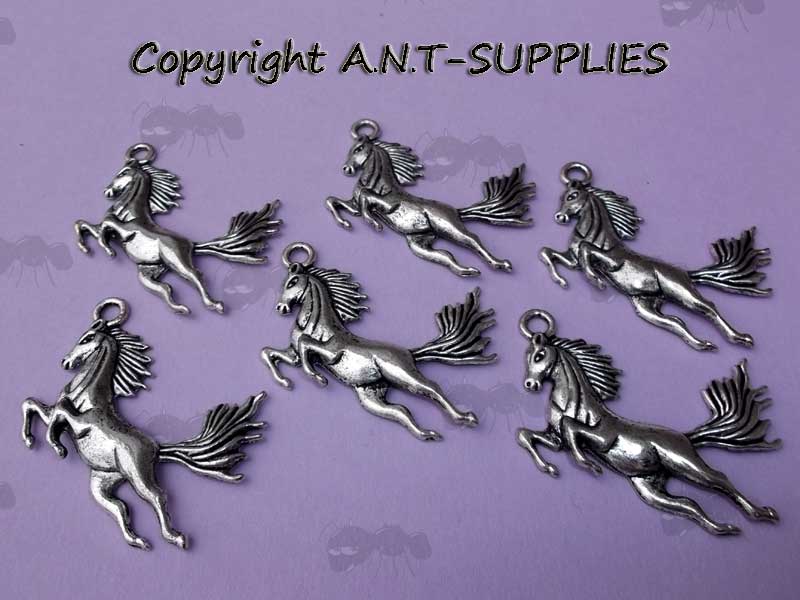 Herd of Six All Metal Silver with Black Detailing Leaping Horse Pendants