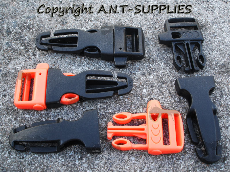 Two Large Orange and Black and Two all Black Plastic Quick Release Strap Buckles with Built in Whistle