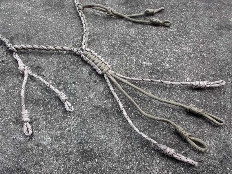 Close-Up View of The Loops on The Olive Green and Desert Scrub Camouflage Paracord Game Call Lanyard with Twelve Drops
