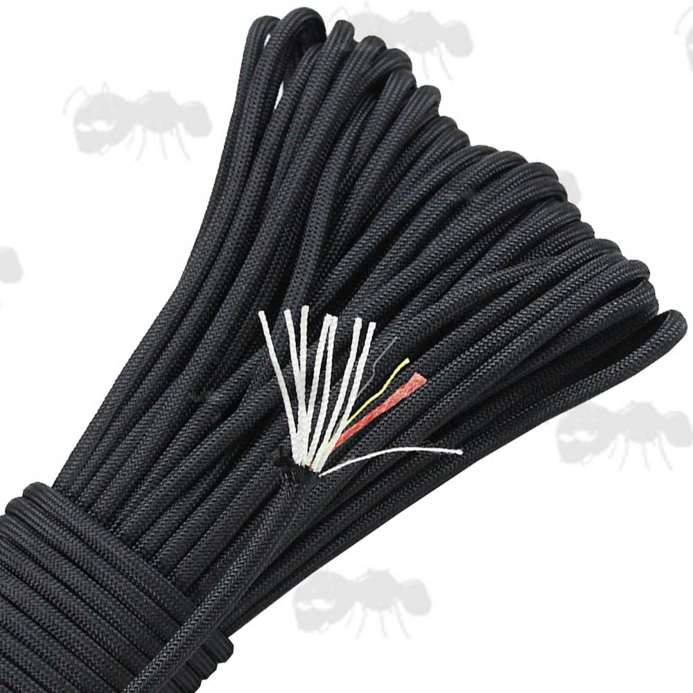 30 Metres Of Black Coloured Paracord with Fire Starting and Fishing Line Threads