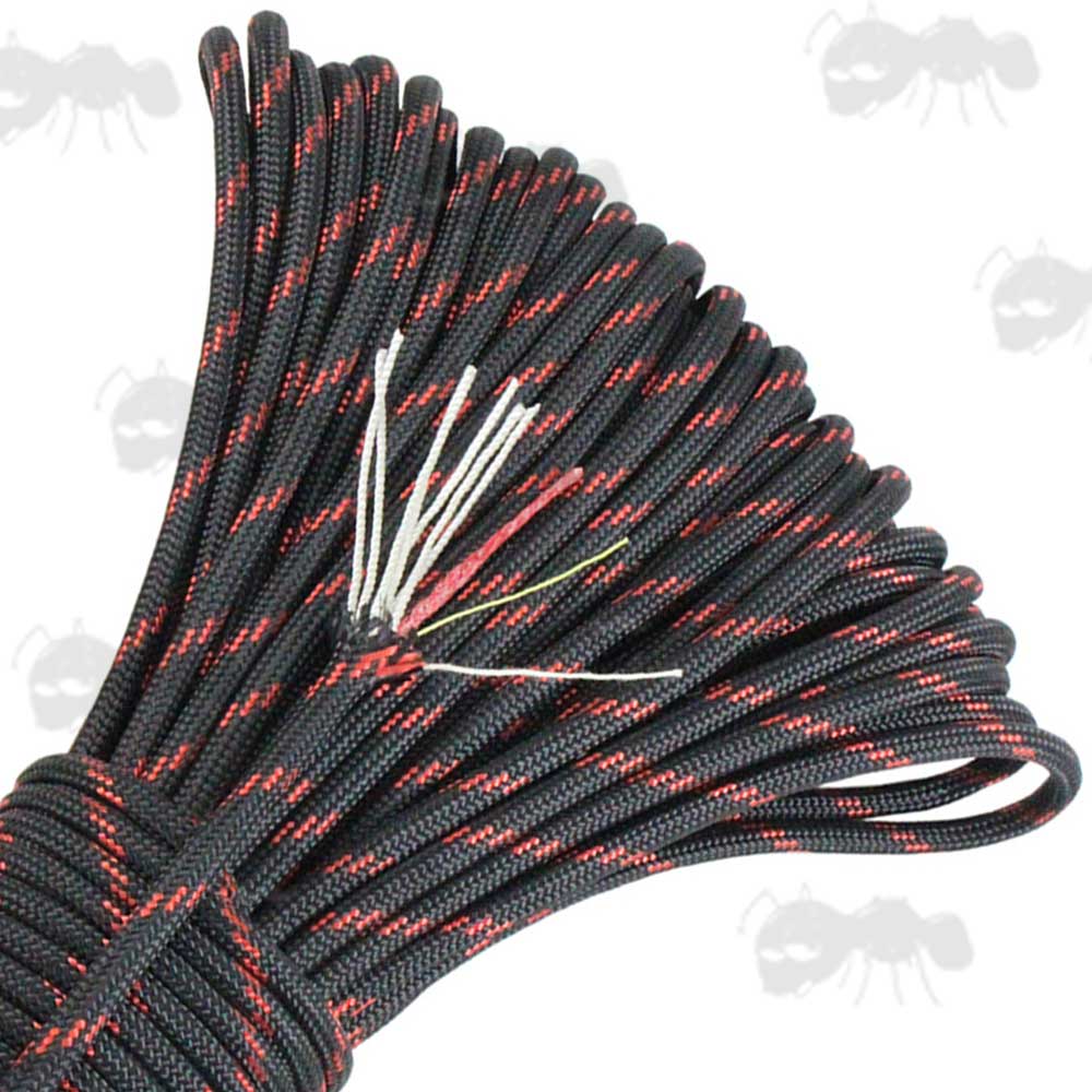 30 Metres Of Black with Red Coloured Paracord with Fire Starting and Fishing Line Threads