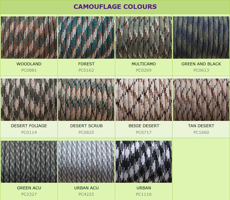 Camouflage Paracord Colour Guide