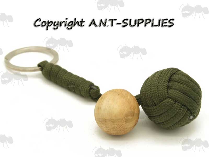 Green Paracord Monkey Fist Keychain with Wooden Ball