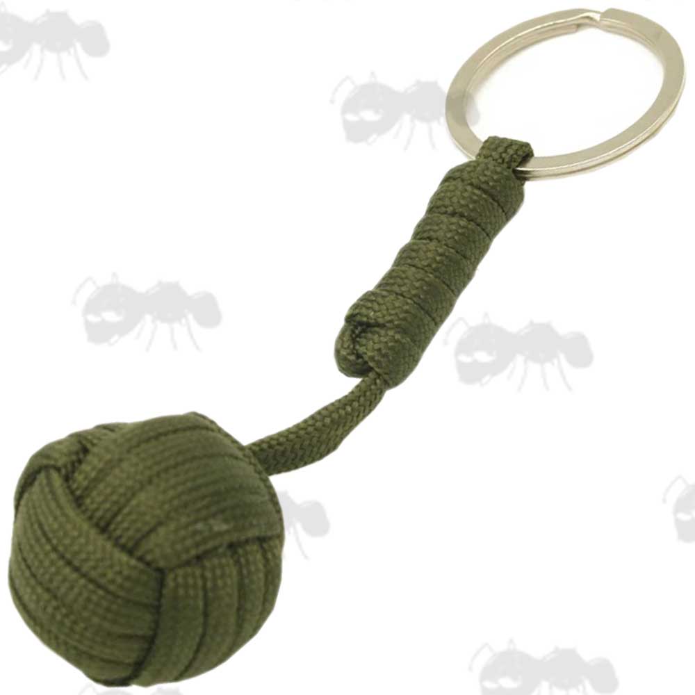 Green Paracord Monkey Fist Keychain with Wooden Ball Centre