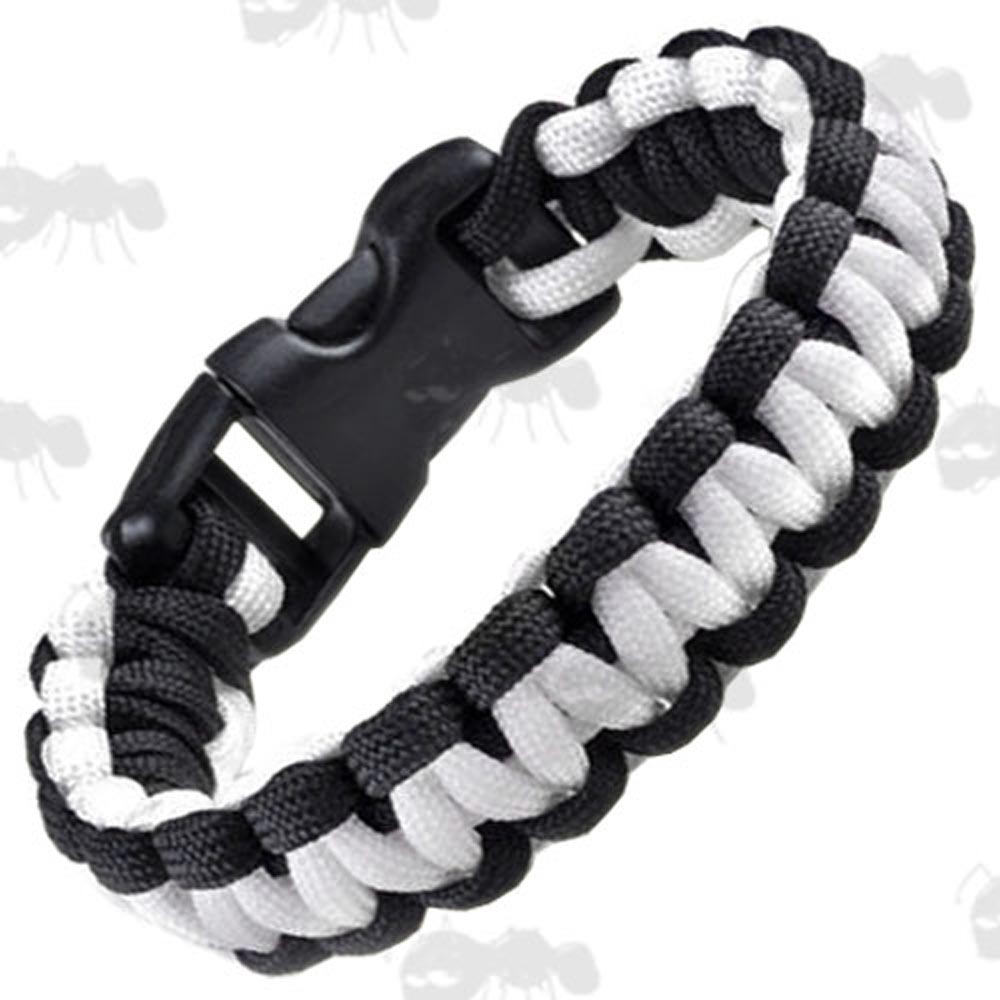 Two Tone Black and White Paracord Survival Bracelet with Quick Release Buckle