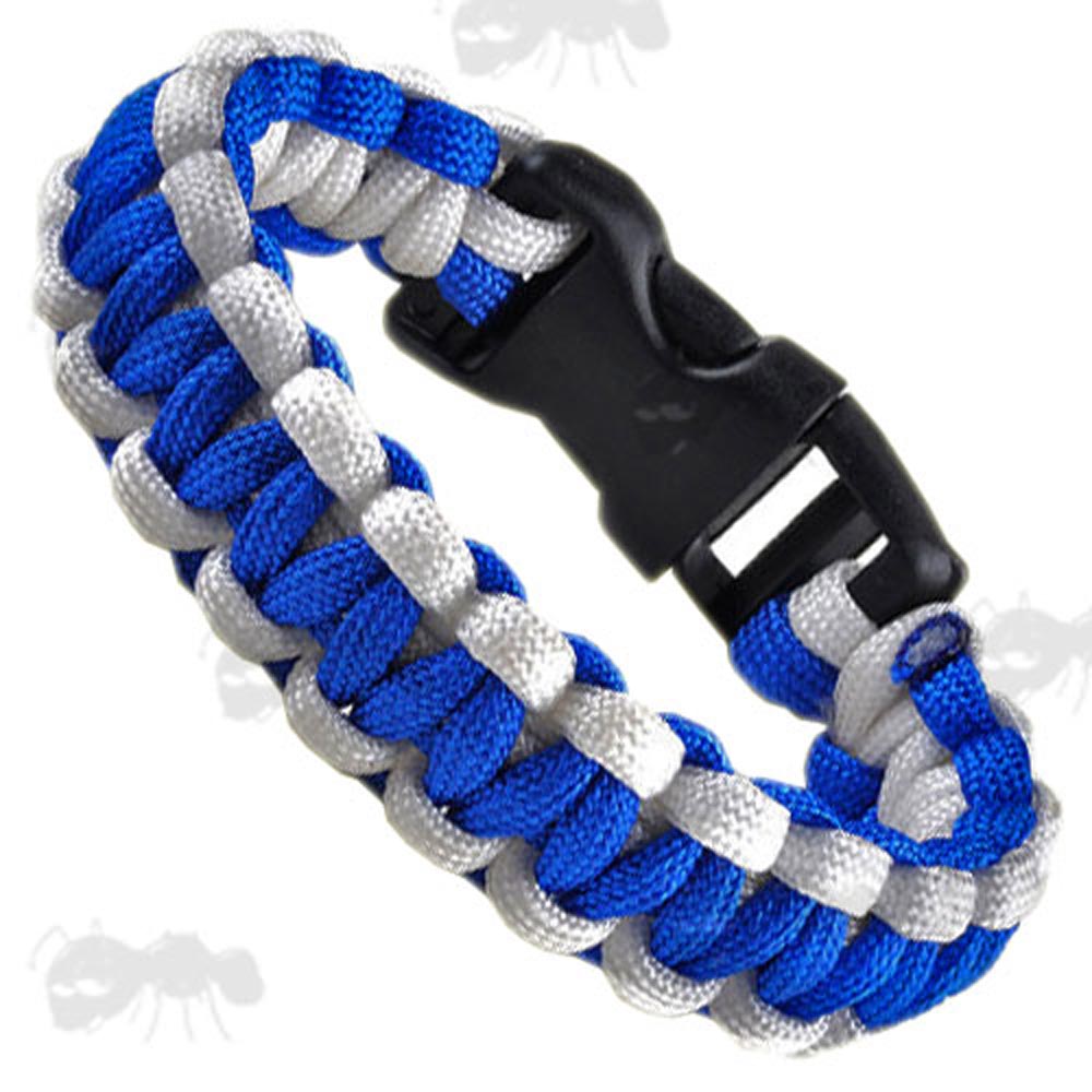 Two Tone Blue and White Paracord Survival Bracelet with Quick Release Buckle