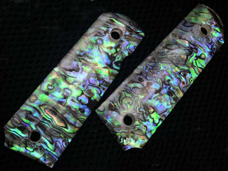 Pair of Full Size Beautiful Abalone Shell Effect Acrylic Smooth Finish 1911 Pistol Grips on Black Background