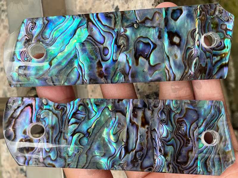 Pair of Full Size Beautiful Abalone Shell Effect Acrylic Smooth Finish 1911 Pistol Grips on Black Background