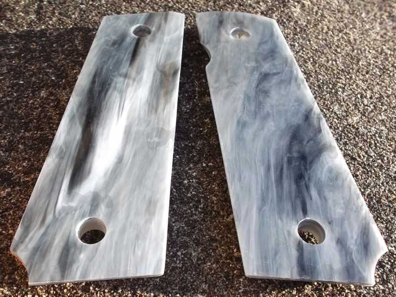 Front and Back View of a Pair of Full Size Marble Patterned Effect Acrylic Smooth Finish 1911 Pistol Grips