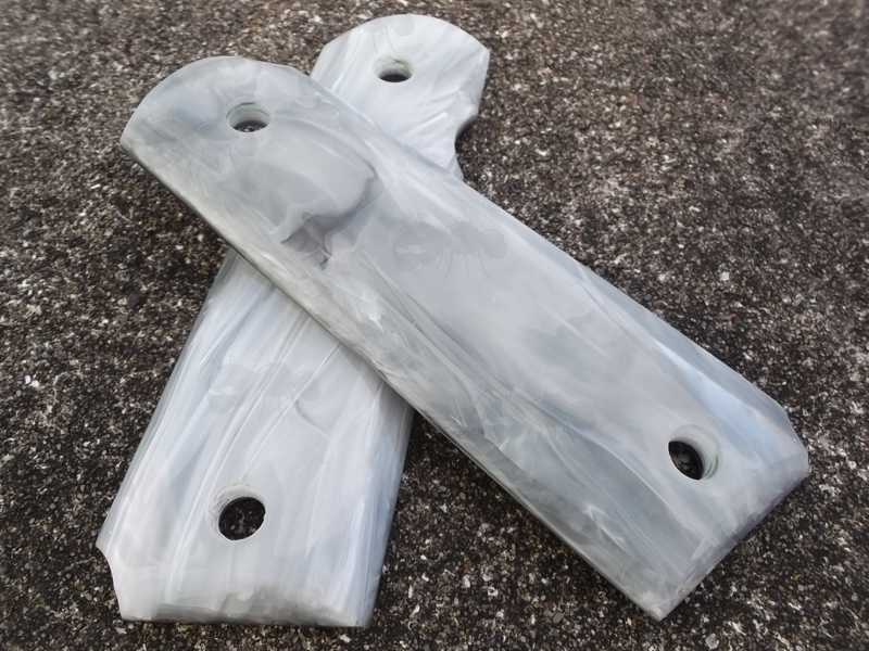 Front and Back View of a Pair of Full Size Marble Patterned Effect Acrylic Smooth Finish 1911 Pistol Grips