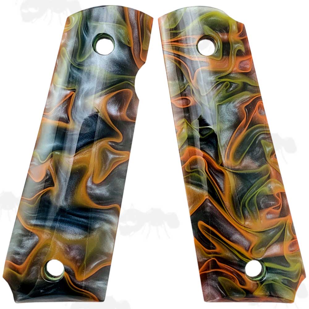 Pair of Full Size Multi-Coloured Swirl Patterned Acrylic Smooth Finish 1911 Pistol Grips
