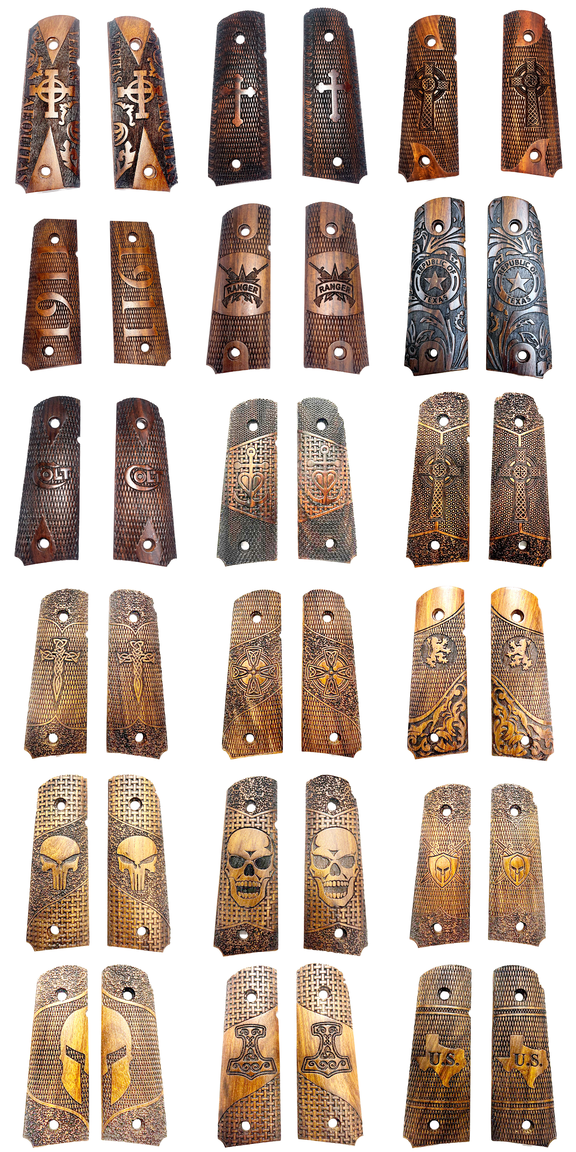 Range of Eighteen Pre-Order Full Size Wood 1911 Pistol Grips with Decorative Finishes