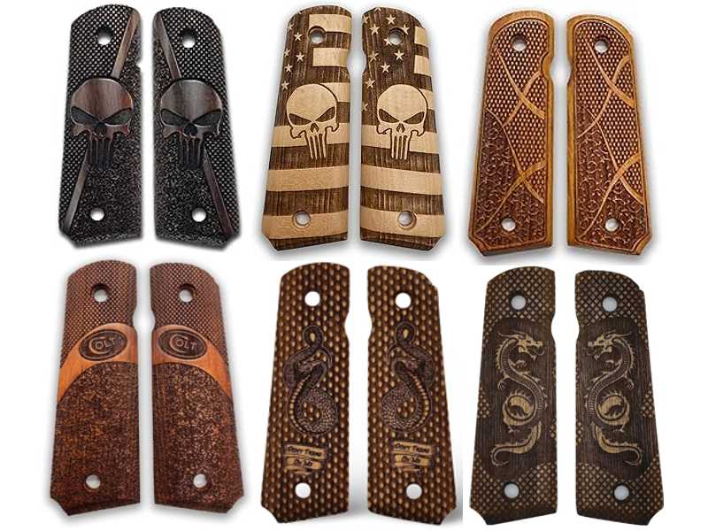 Range of Six Pre-Order Full Size Wood 1911 Pistol Grips with Decorative Finishes