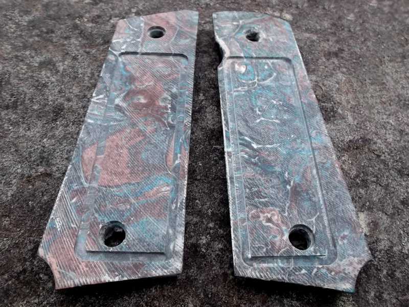 Back Side View of The Pair of Full Size White, Blue and Marble Effect Resin with Glitter 1911 Pistol Grips with a Smooth Finish