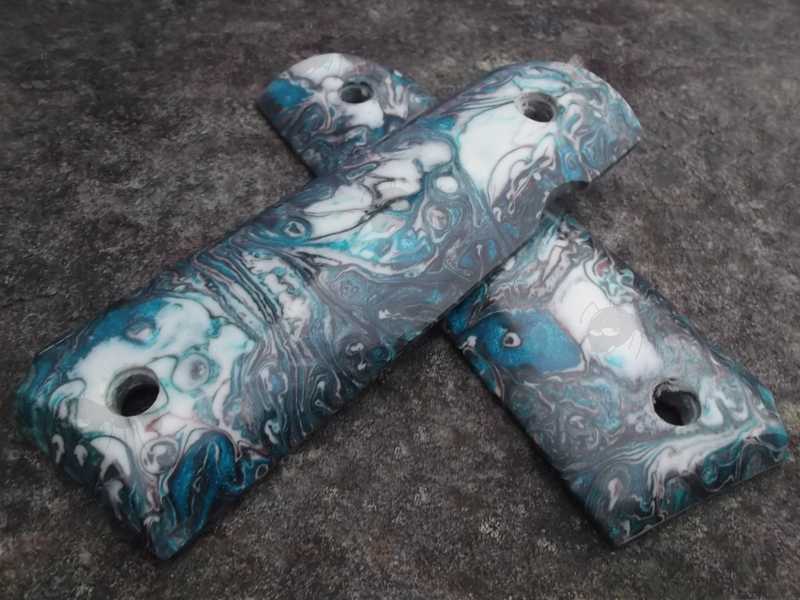Pair of Full Size White, Blue and Marble Effect Resin with Glitter 1911 Pistol Grips with a Smooth Finish