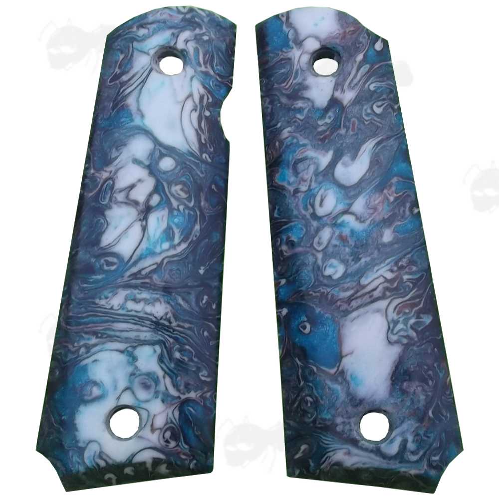 Pair of Full Size White, Blue and Marble Effect Resin with Glitter 1911 Pistol Grips with a Smooth Finish