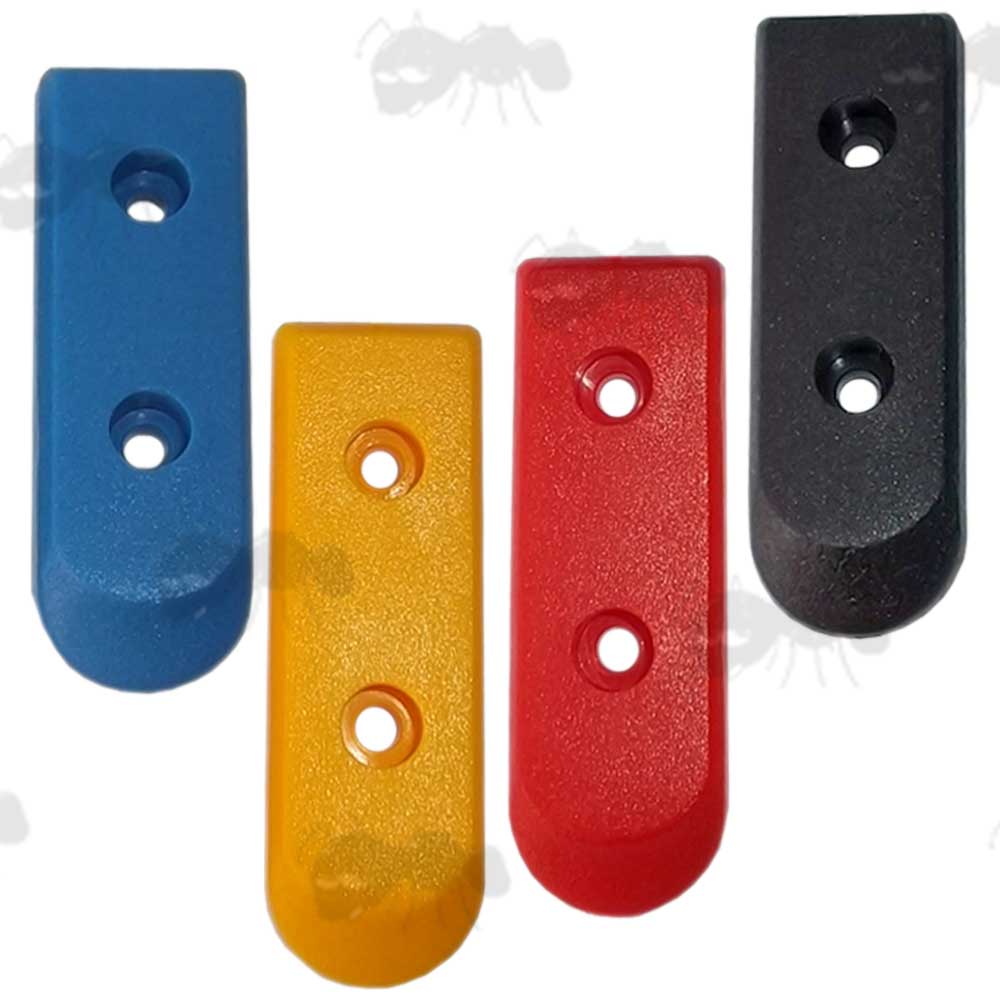 Set of Four Black, Yellow, Red and Blue Plastic Colt 1911 Magazine Base Plates