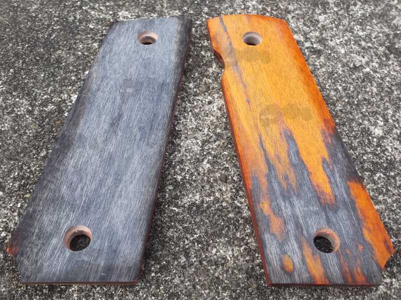 Rear View of The 3D Effect Red and Grey Rosewood Colt 1911 Handgun Diamond Textured Grip Panels